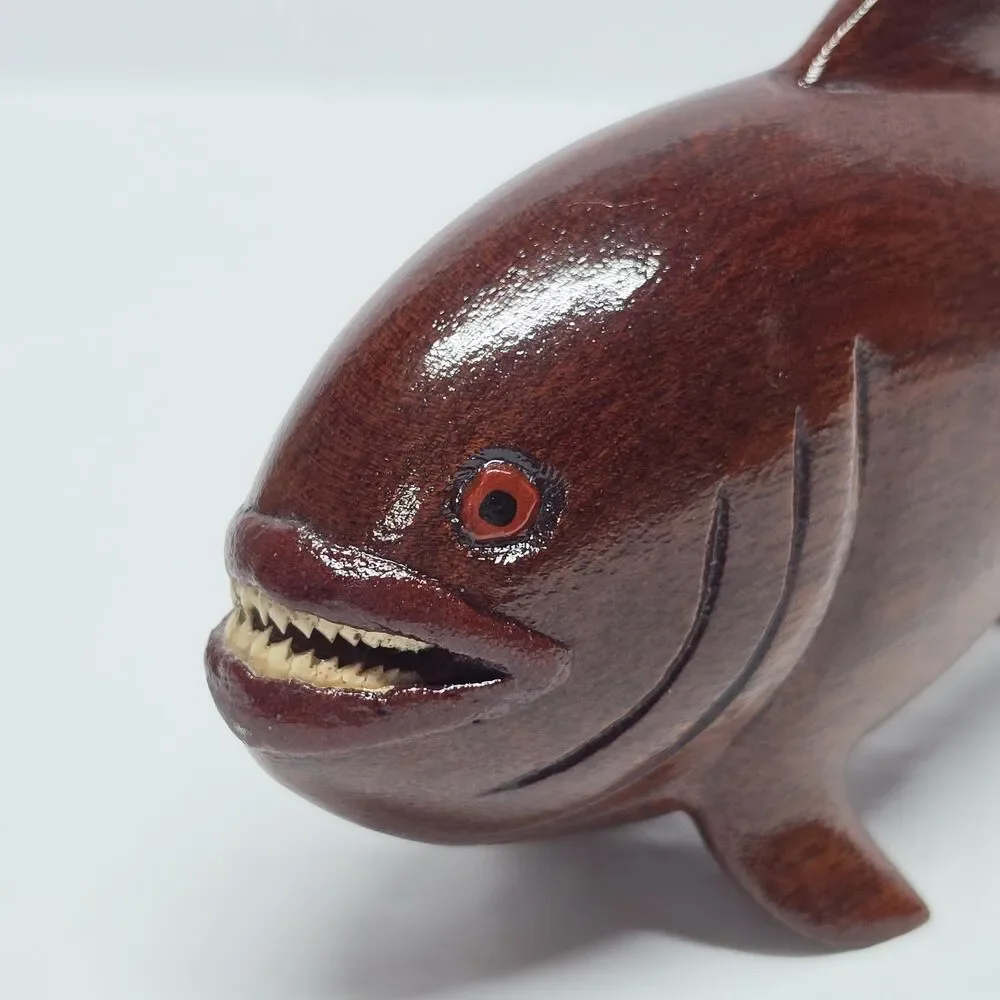 Piranha Vintage Hand Carved Wooden Figurine With Real Teeth
